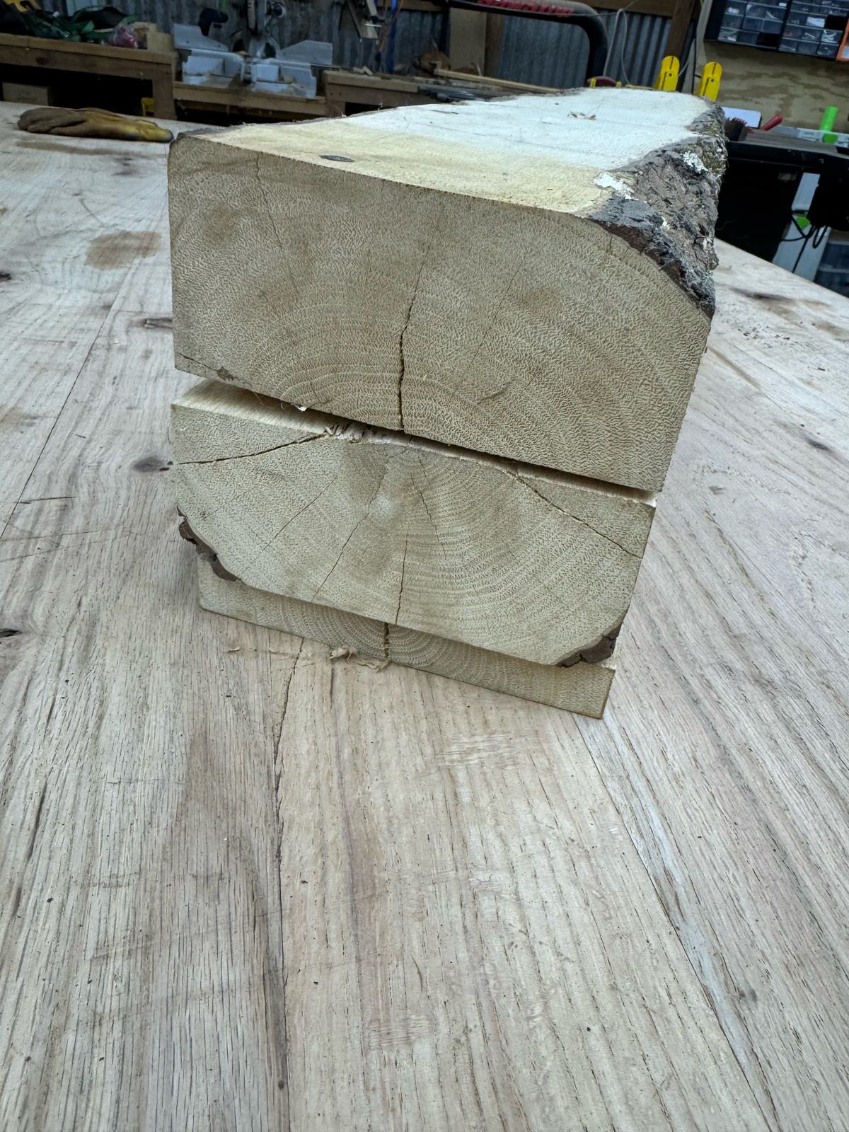 End grain of stacked GB001 gum bumelia boards showing growth rings and checks