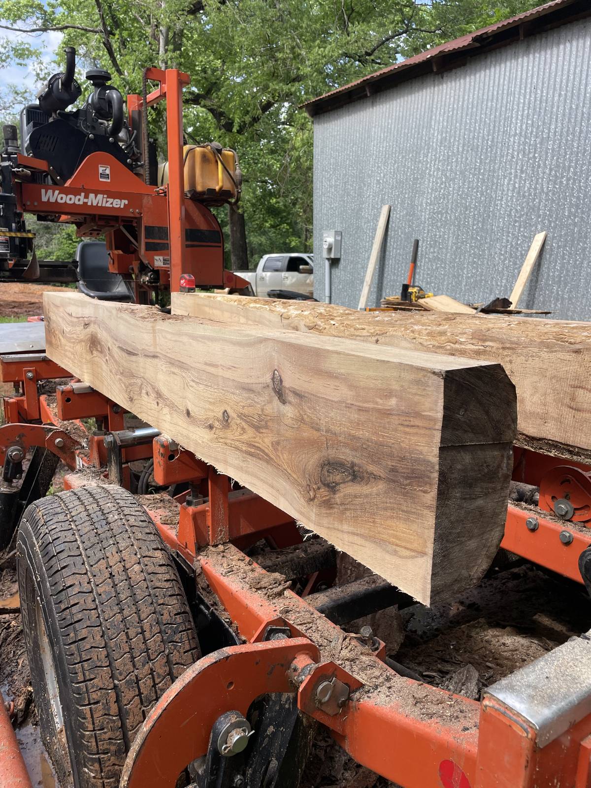 Squared timber cant on the Wood-Mizer sawmill bed outdoors